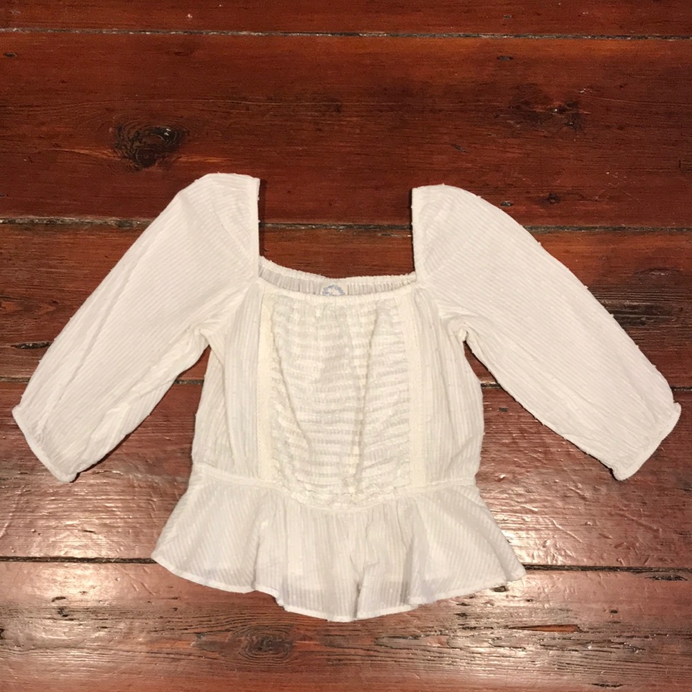 Francesca’s (Blue Rain) Swiss Dot Peplum White Top